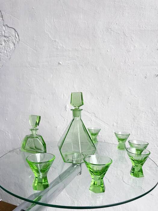 Green glass Art Deco liquor  set, Czechoslovakia 1920s-1930s