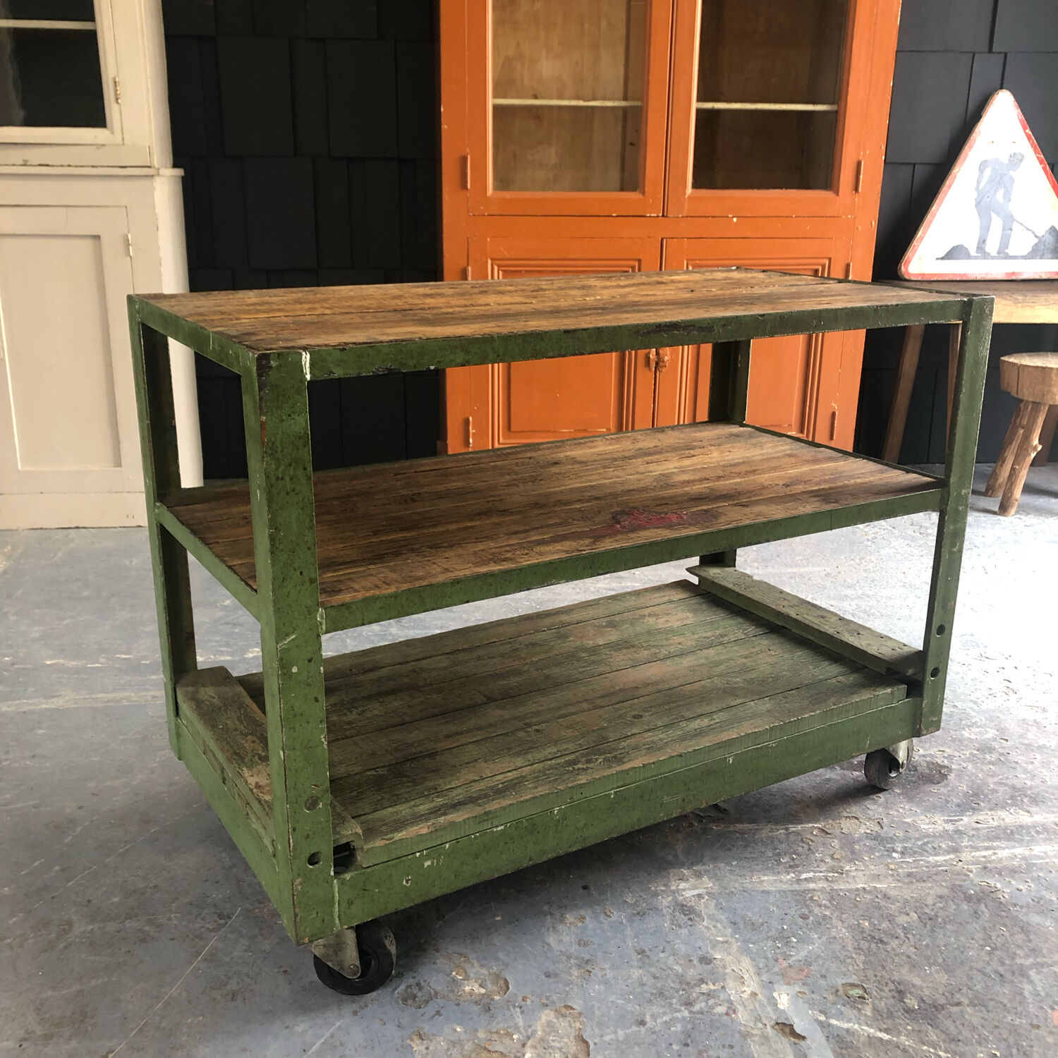 Industrial trolley with shelves, wood and metal