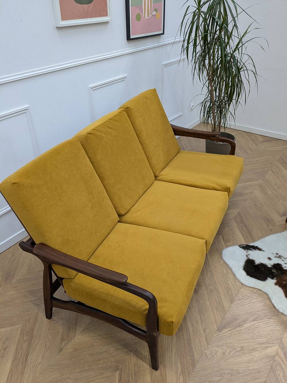 Canapé scandinave retapissé vintage teck