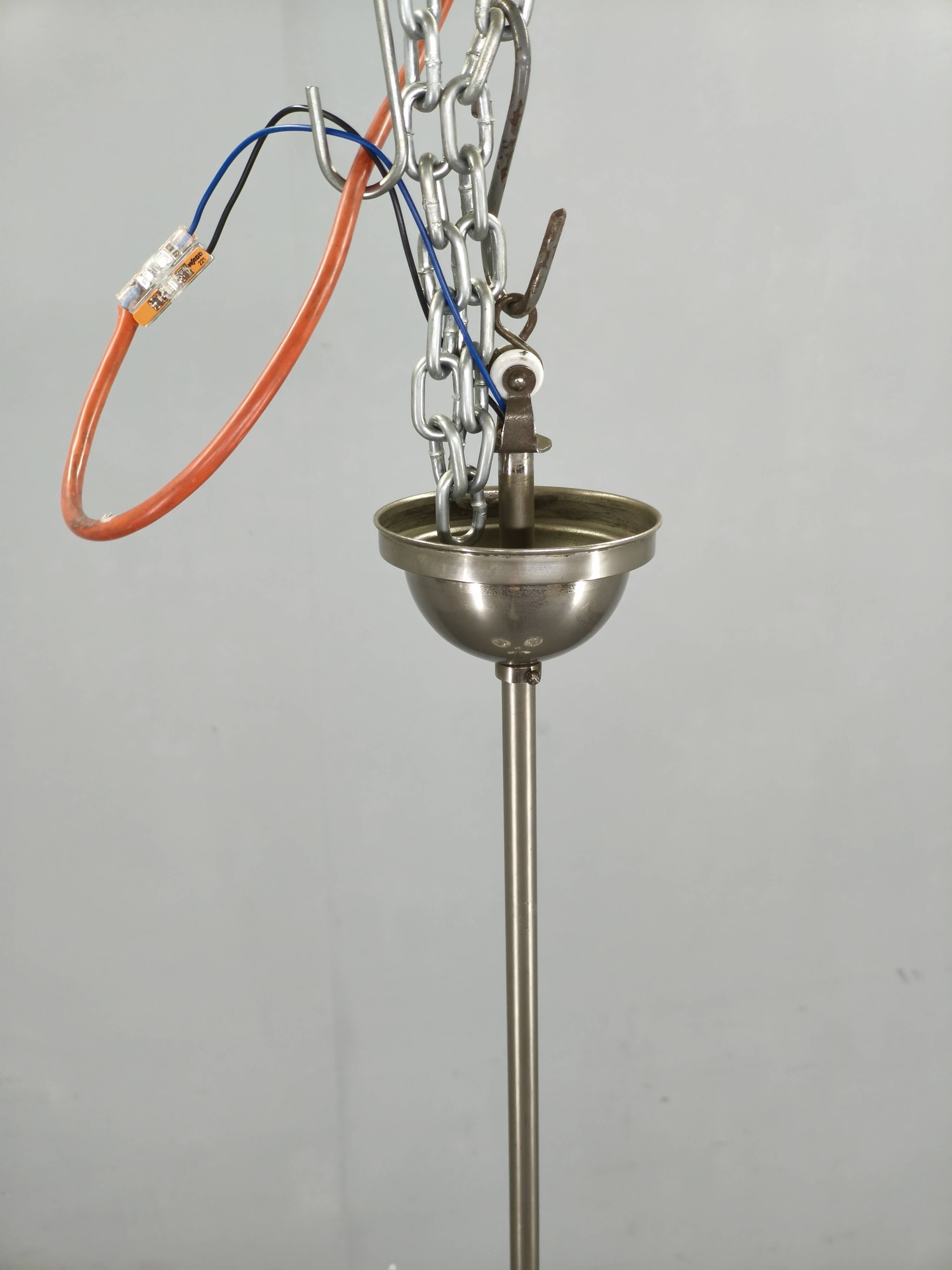 1930s Art Deco Nickel Chandelier With Opaline Glass Globes