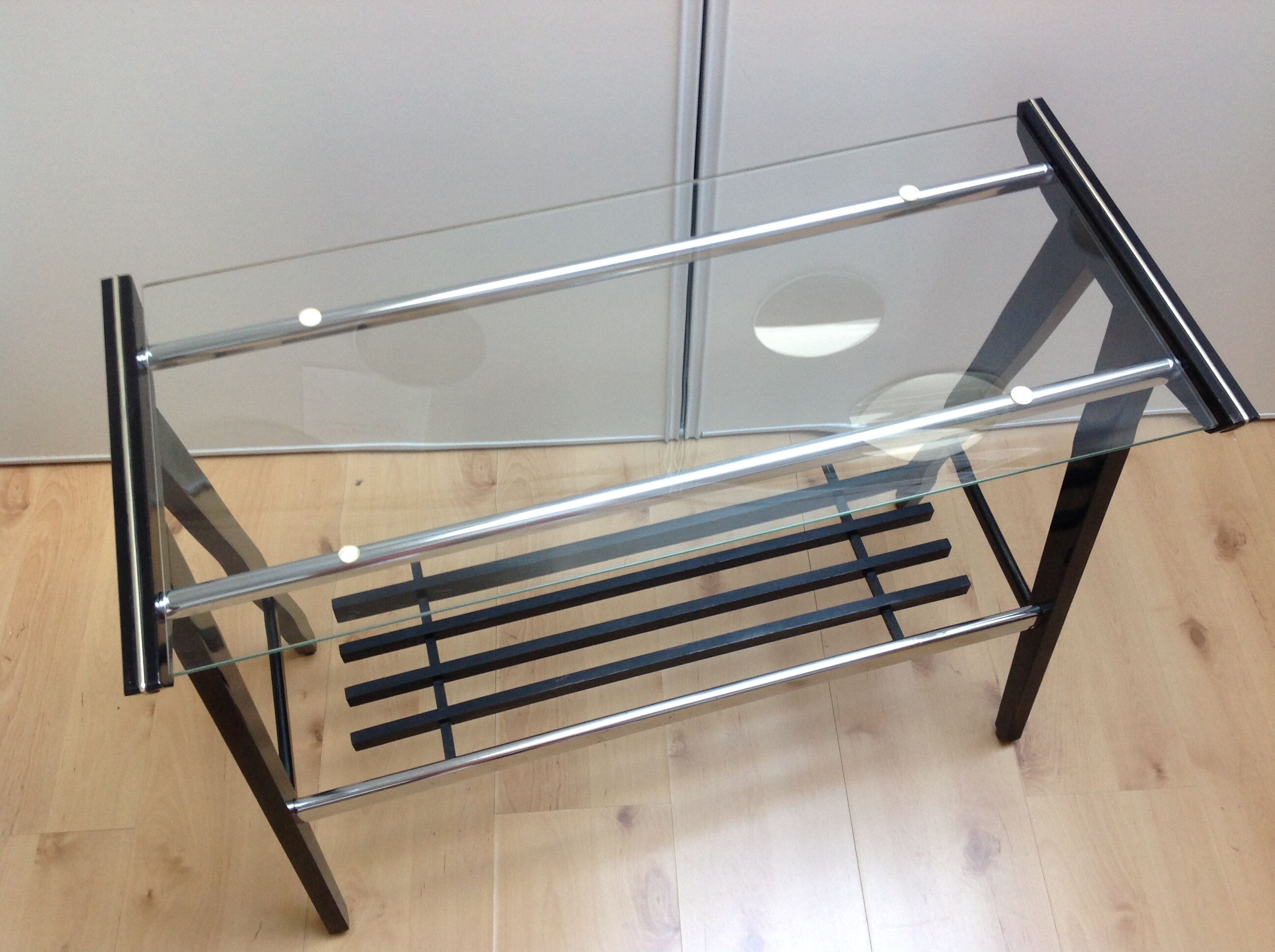 Console in black lacquered wood and chromed metal / vintage 60s-70s