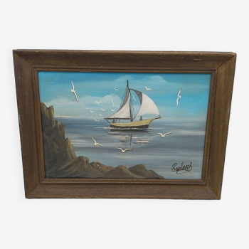 Old rigging painting and flight of seagulls Yvon Pauluzzi