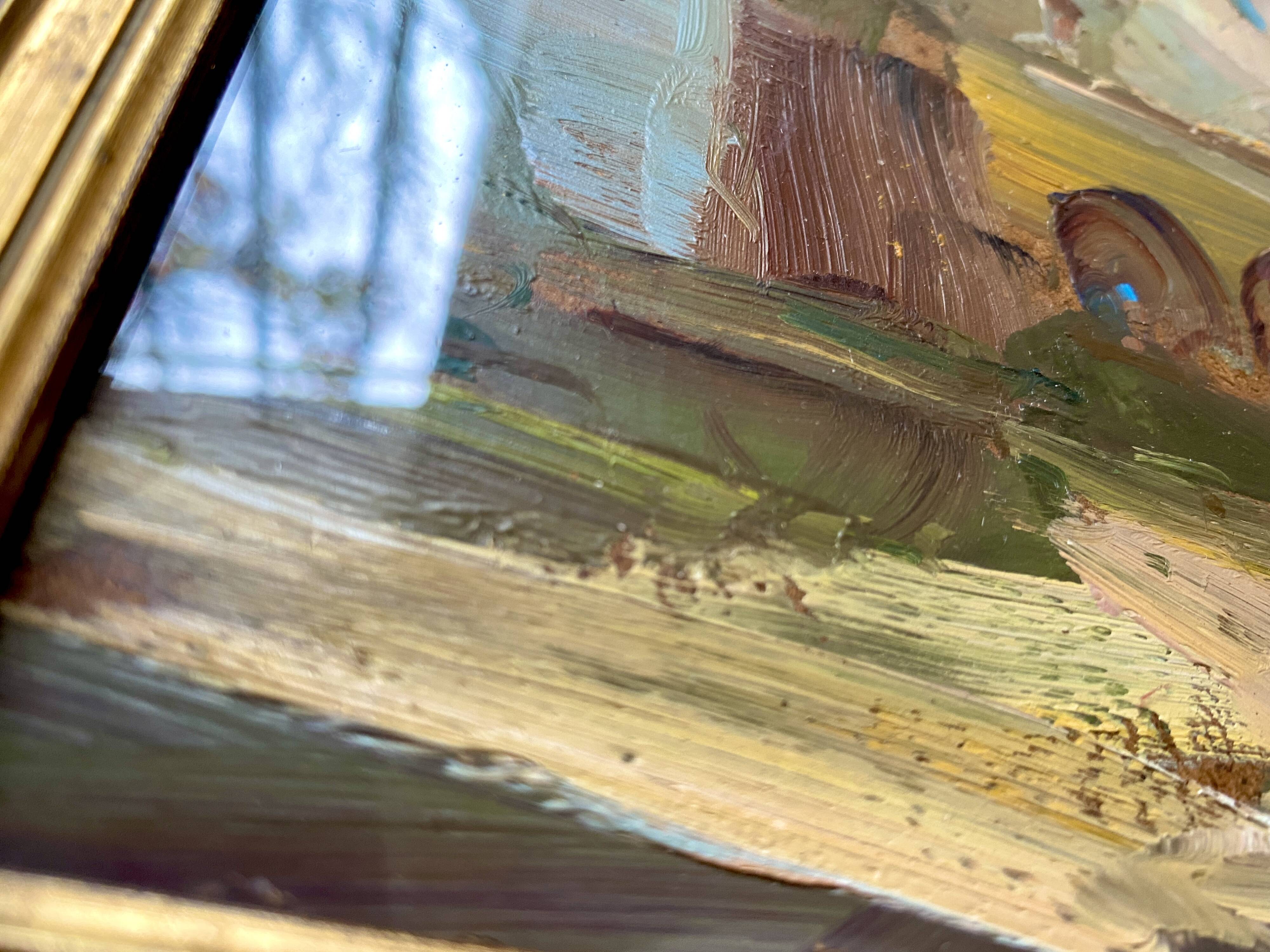Huile 1950 mise sous verr, cadre bois doré