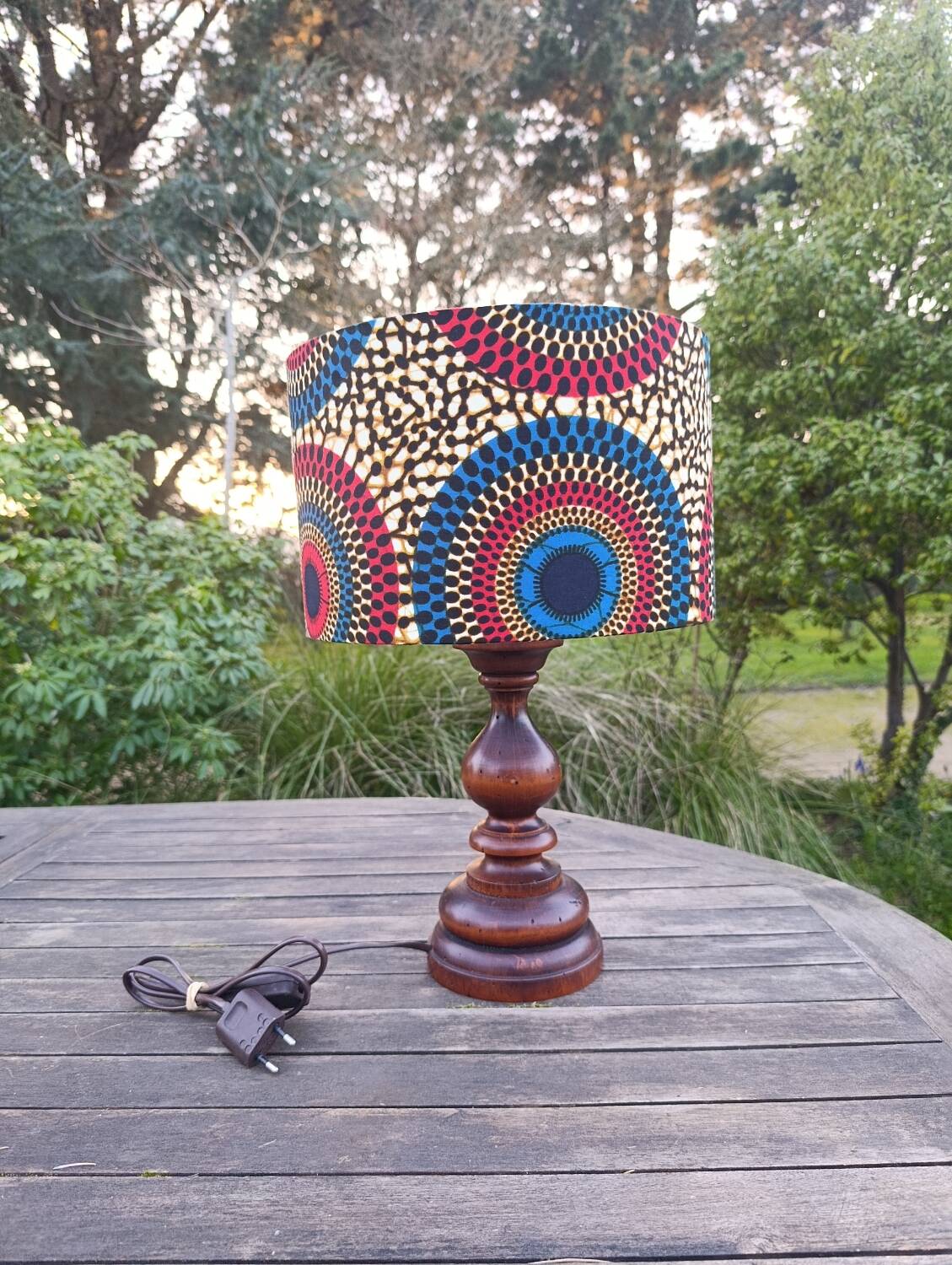 rustic chic solid wood lamp, ethnic wax lampshade with circles