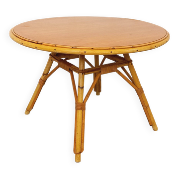 Table basse ronde en rotin et bois vintage des années 60