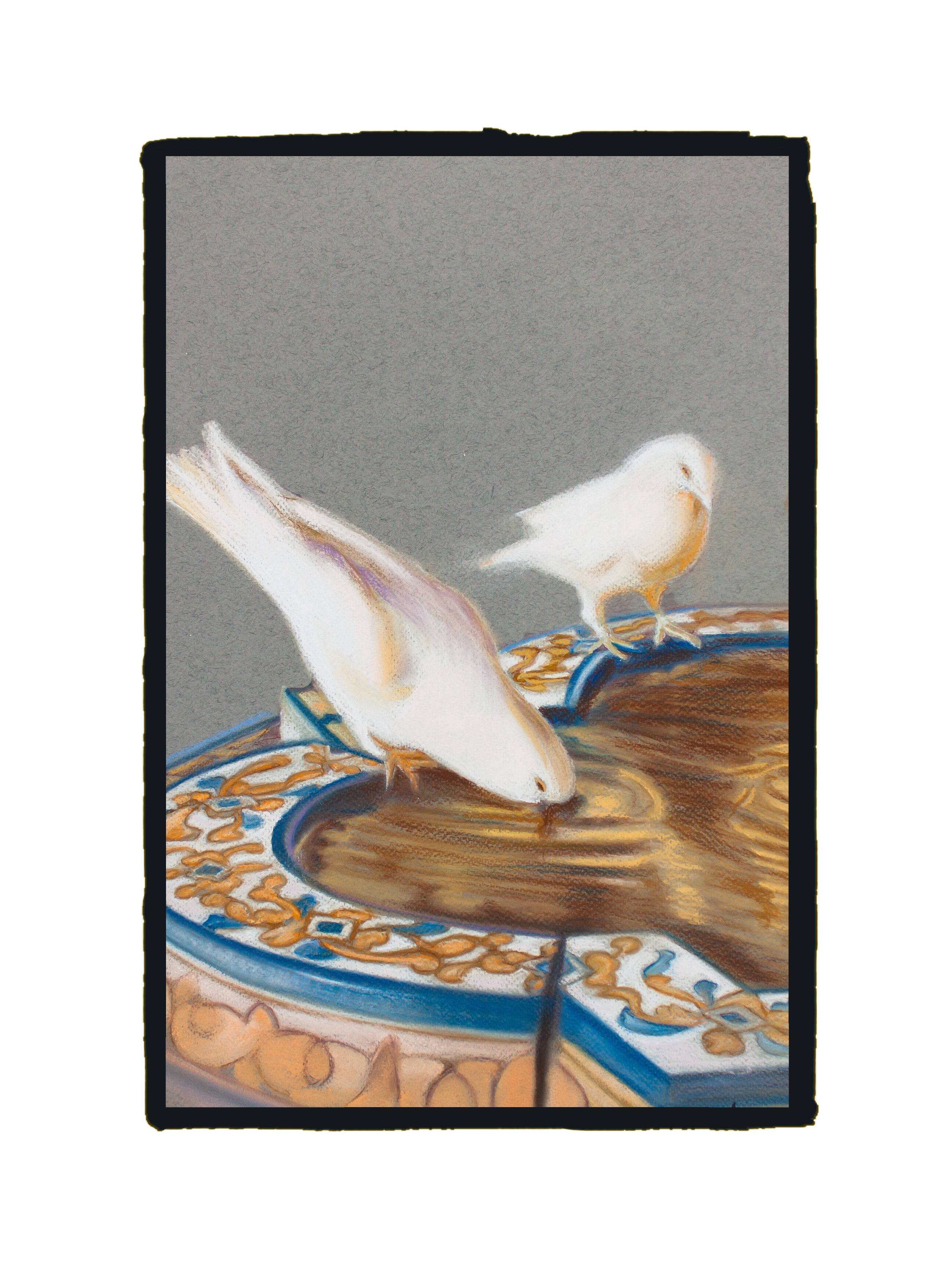 Drawing of pigeons drinking from a fountain. painting of doves. painting of pigeons.