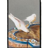Drawing of pigeons drinking from a fountain. painting of doves. painting of pigeons.