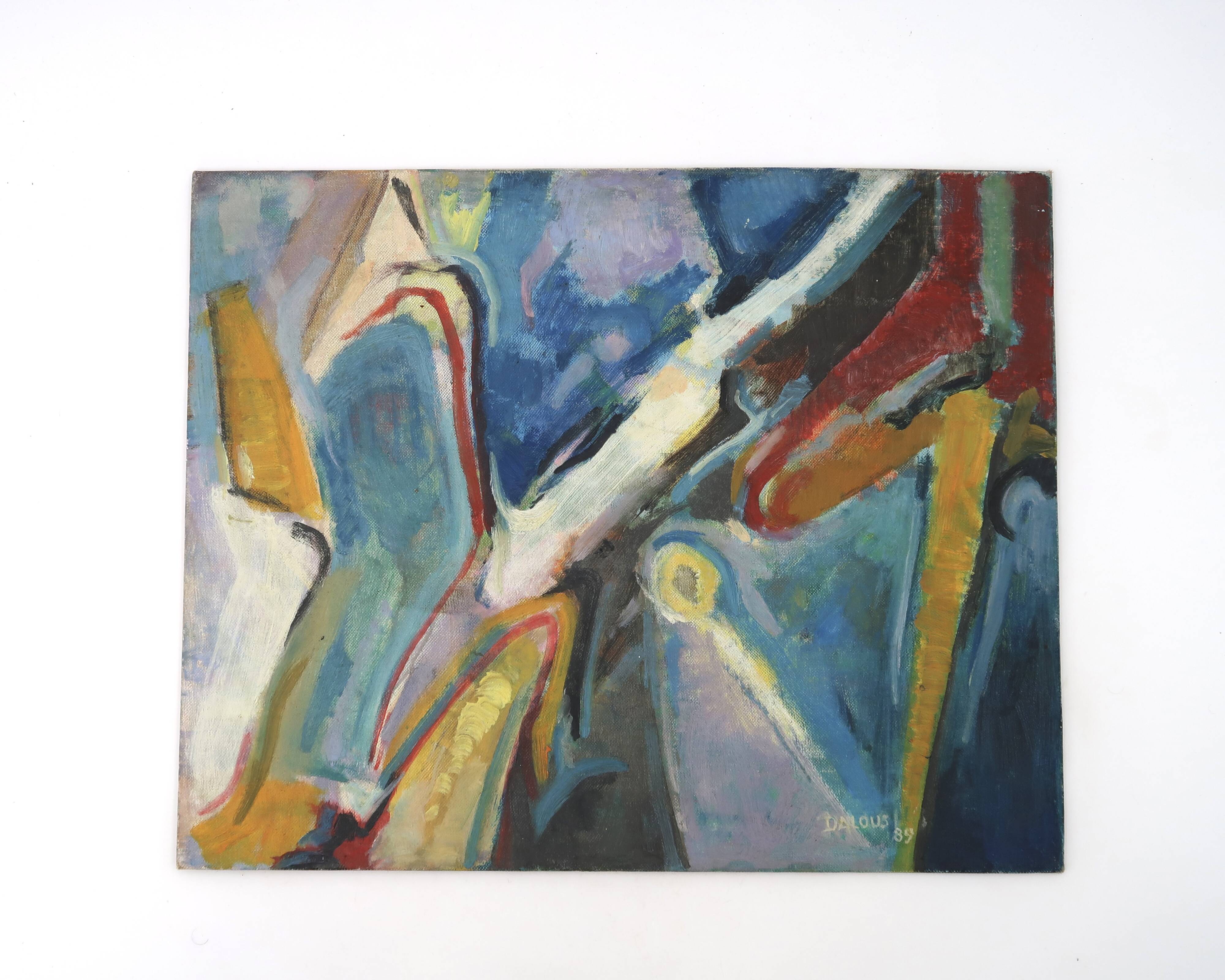 Tableau, abstract painting signed Dalous, 1989