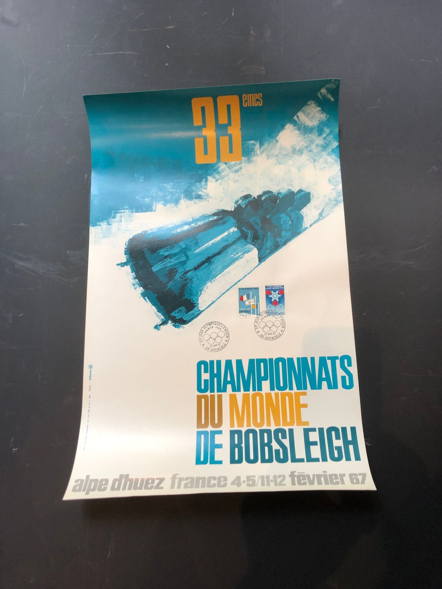 Poster bobsleigh alpe d'huez grenoble olympic winter games 1968 1967