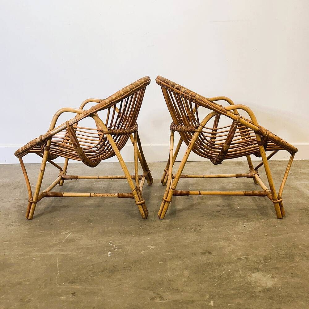 Mid-century French Riviera rattan lounge chairs – pair – 1960s organic design