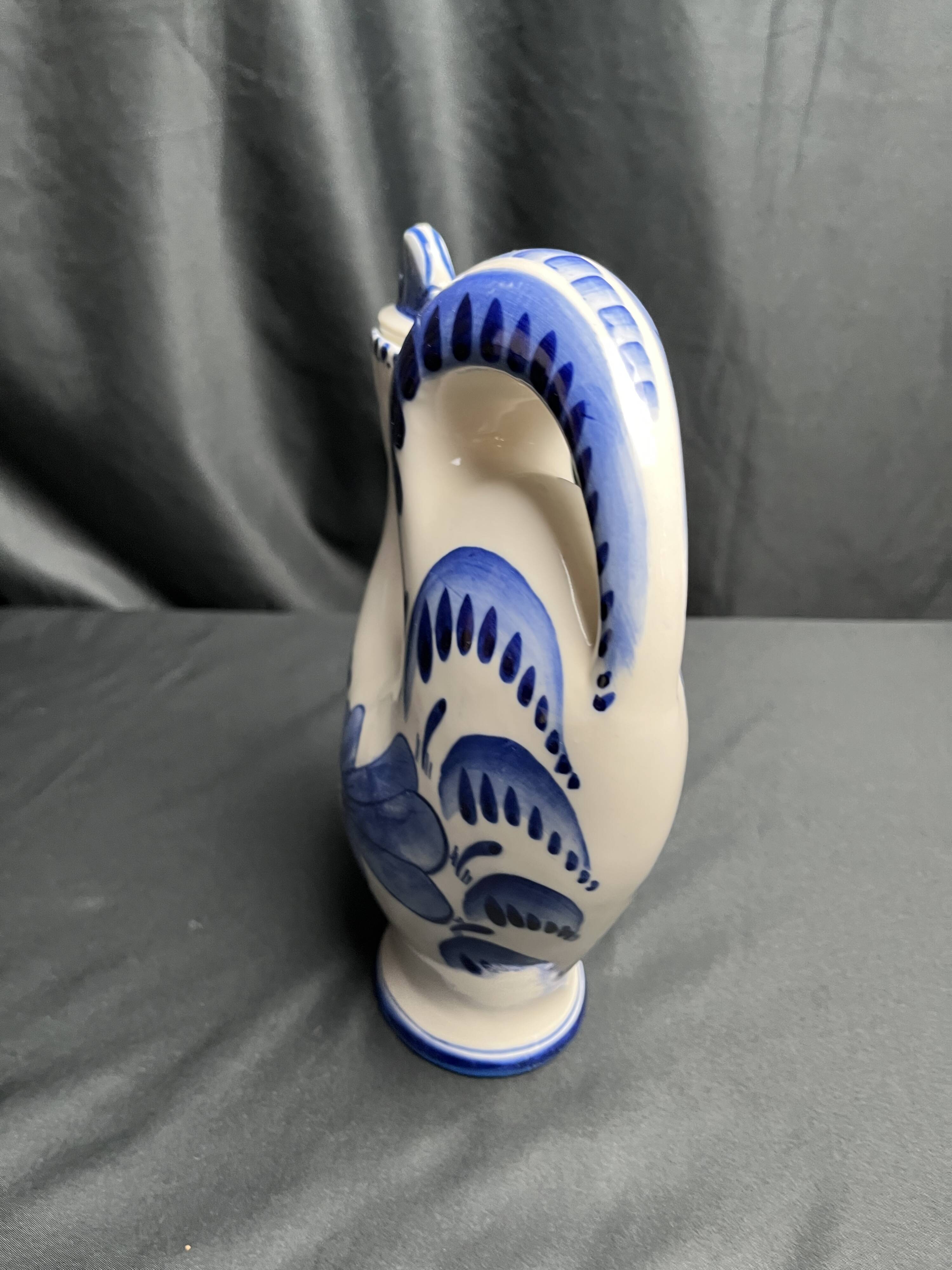 Pitcher bottle hen earthenware white blue USSR 20th century