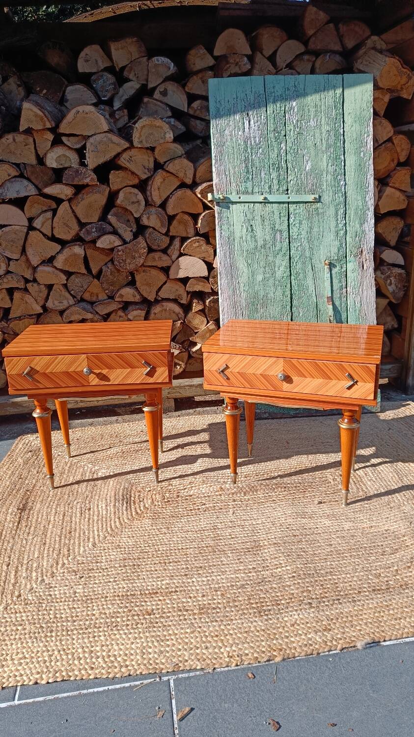 Pair of cherry wood marquetry bedside tables