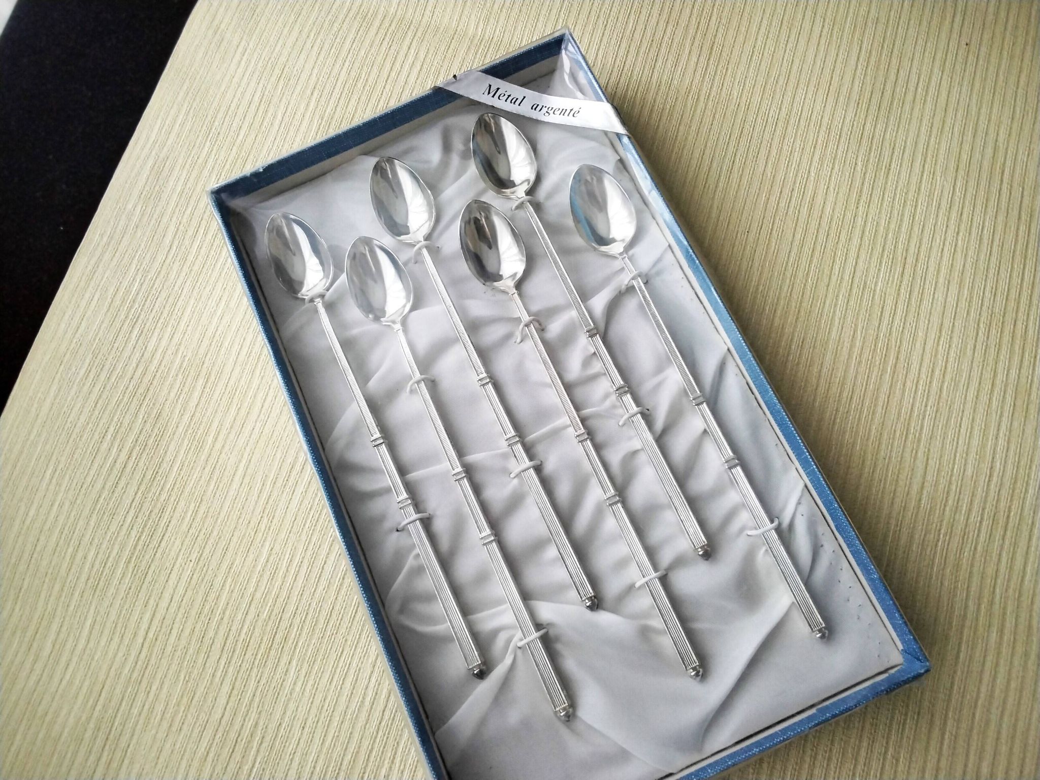 Box of 6 ice cream spoons, mazagran in silver metal "Russian style"