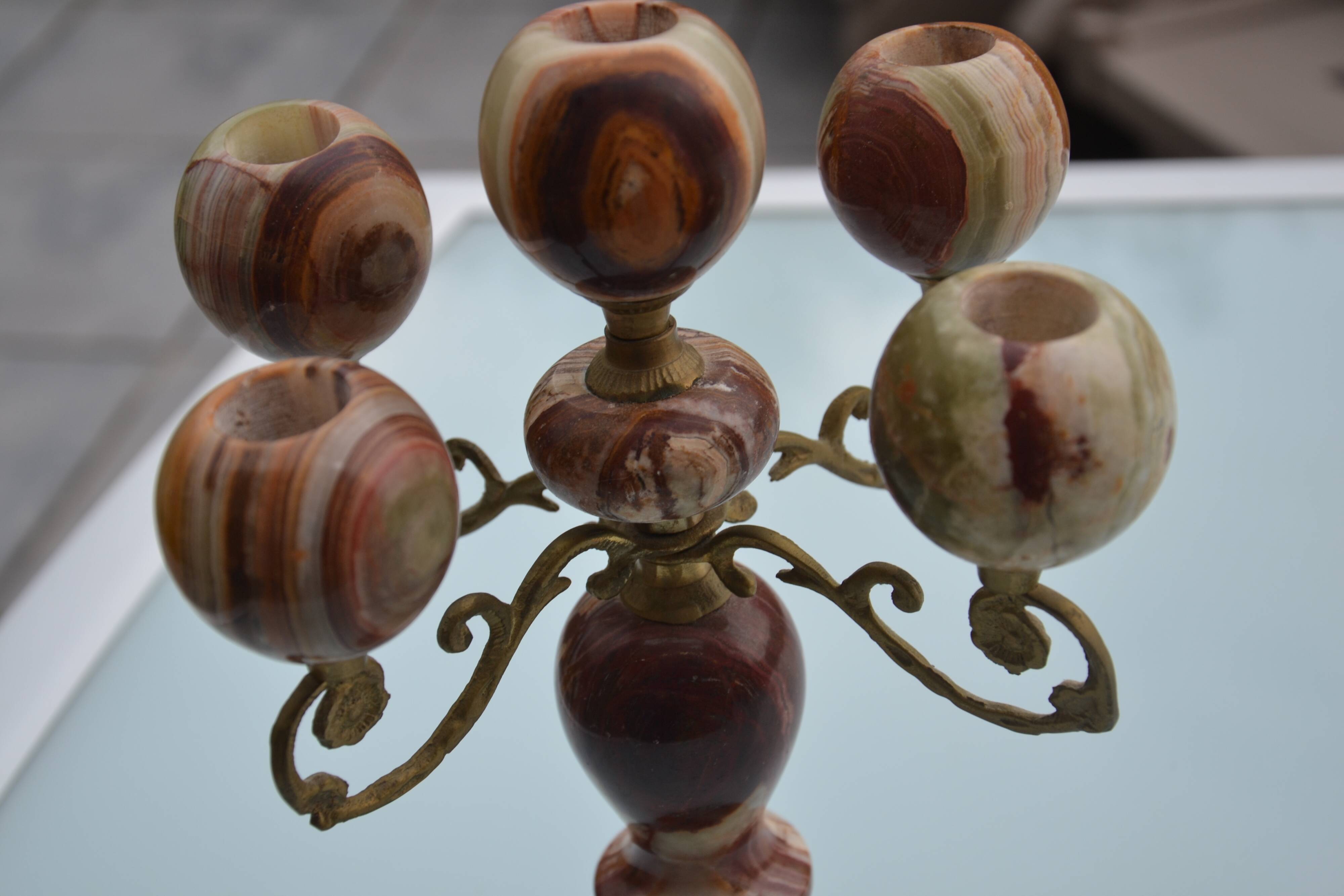 4-branch onyx and brass chandelier/candelabra