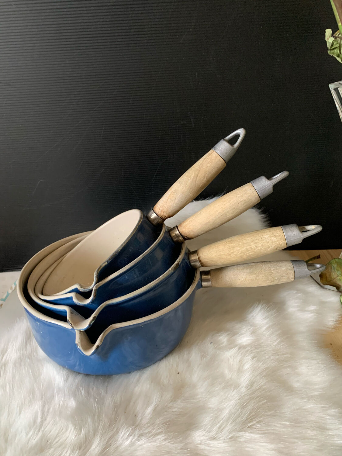Series of cast iron pans Le Creuset bleues