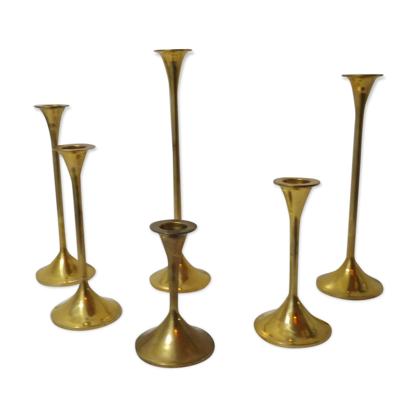 Set of 6 old brass and gold metal candlesticks