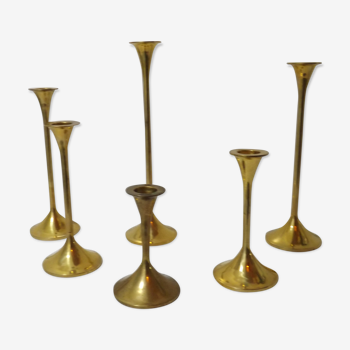 Set of 6 old brass and gold metal candlesticks
