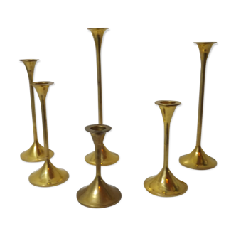 Set of 6 old brass and gold metal candlesticks