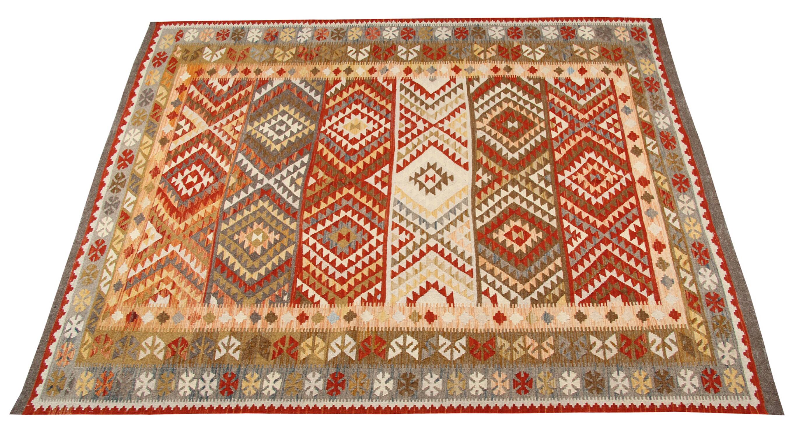 Geometric Kilim Oriental Rug, Wool Rustic Flatwoven Carpet 249x195cm