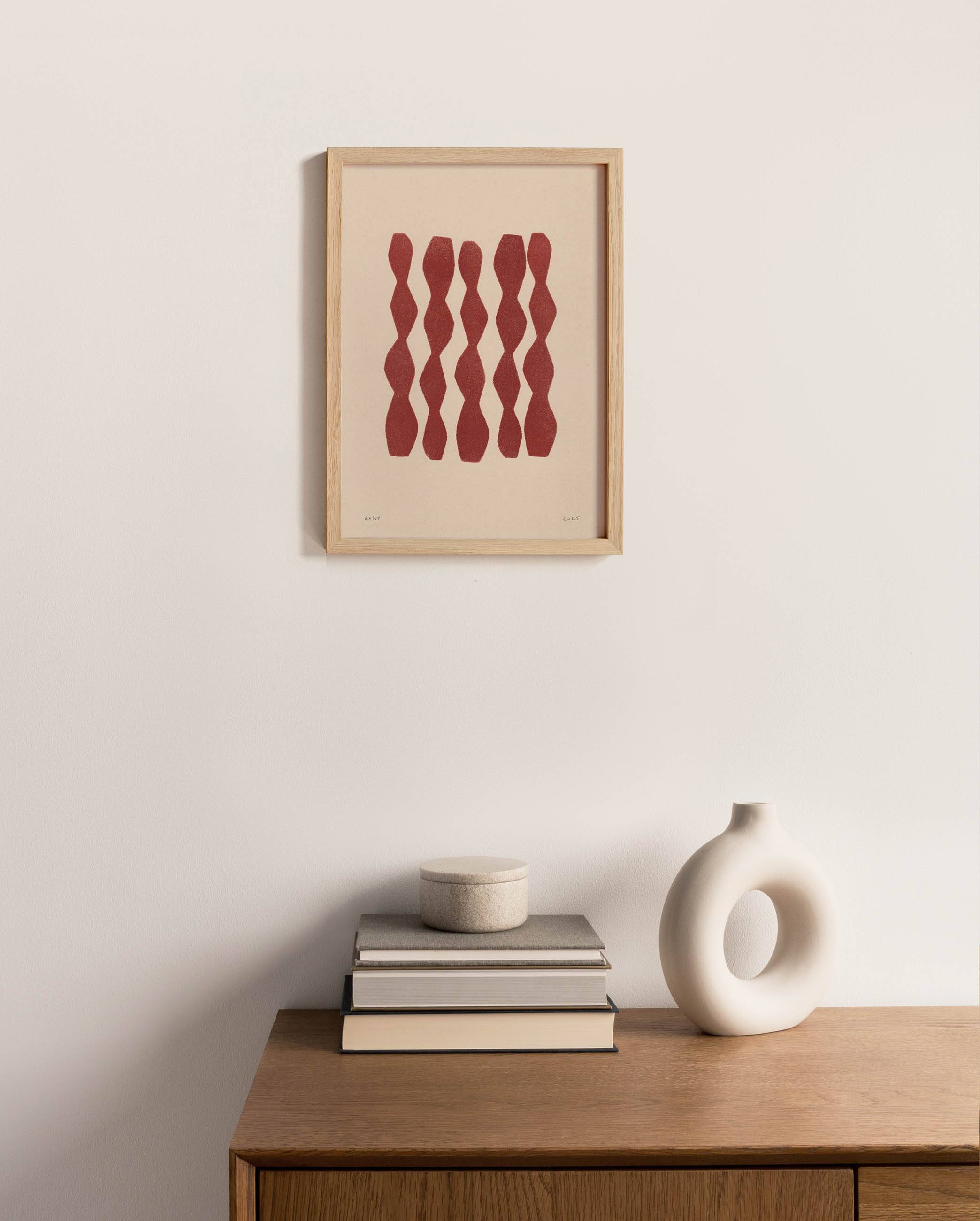 Abstract painting on paper, dark red illustration signed Eawy.