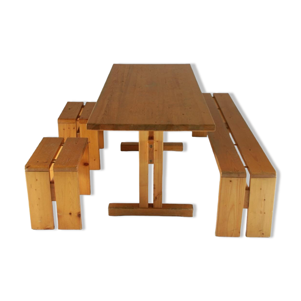 Table, banc et tabourets Les Arcs de Charlotte Perriand, France, 1960