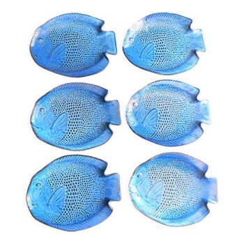 6 blue enamelled fish shaped plates
