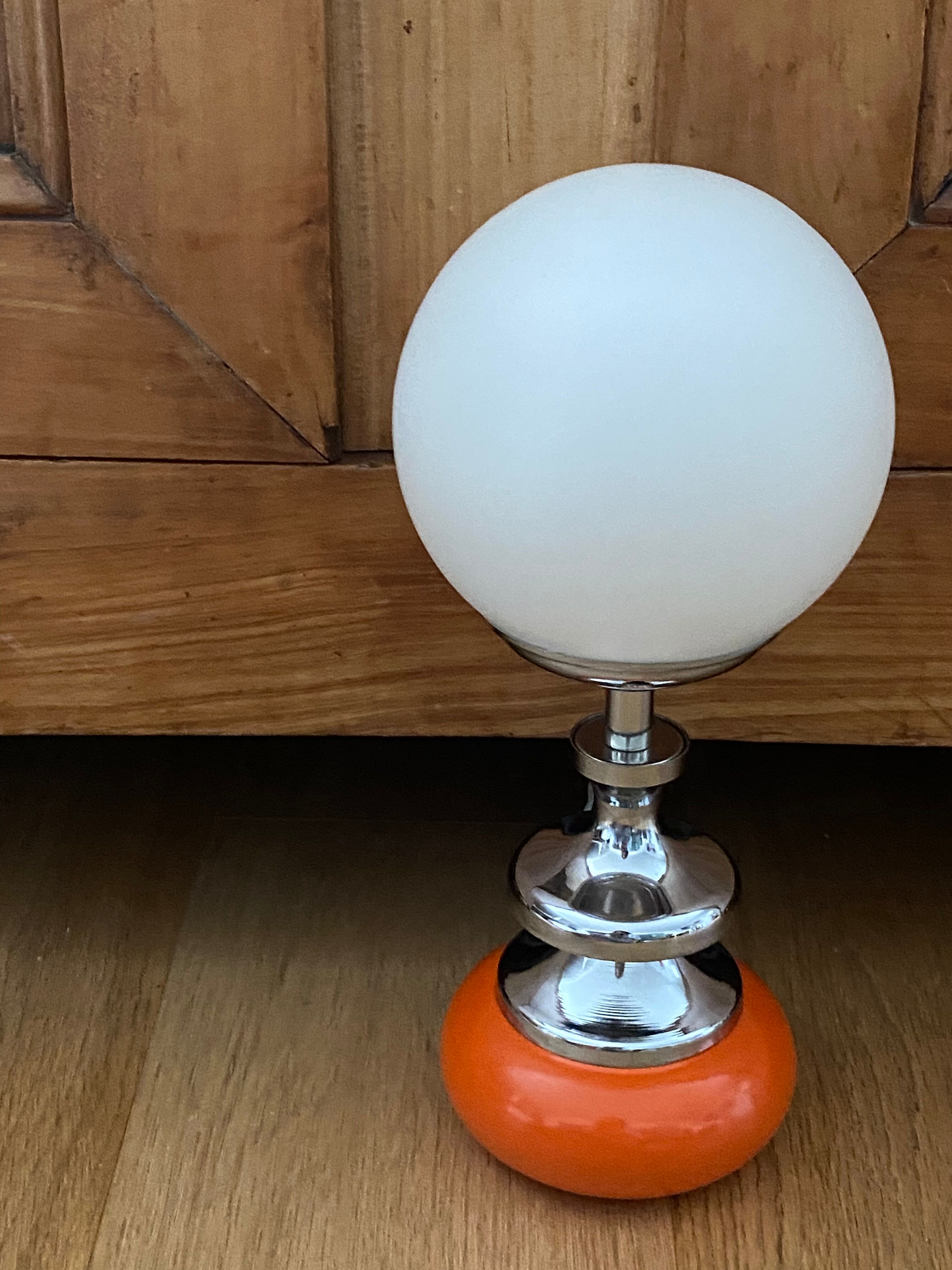 Vintage lamp opaline globe, wood turned orange and chrome 60s 70s