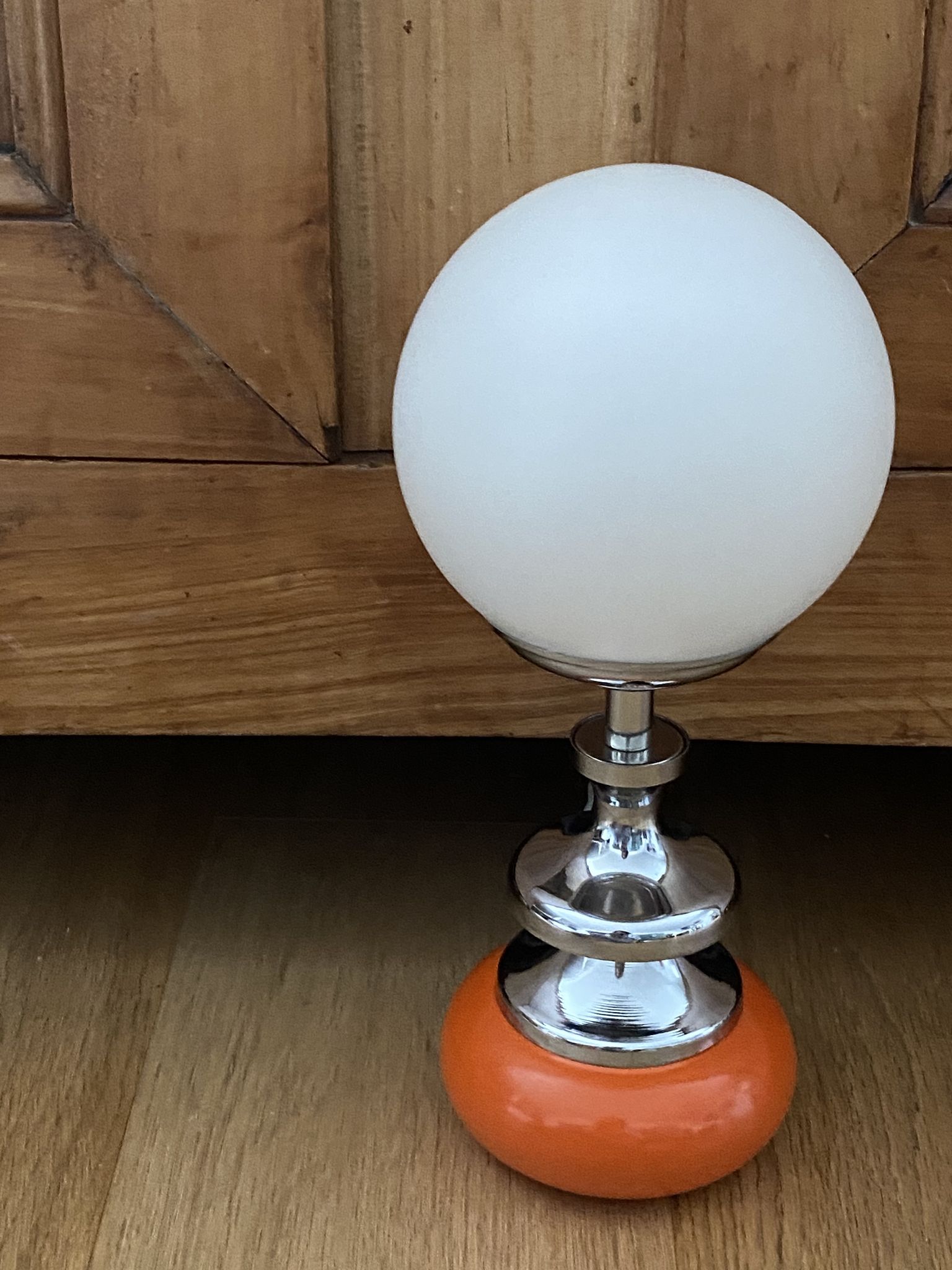 Vintage lamp opaline globe, wood turned orange and chrome 60s 70s
