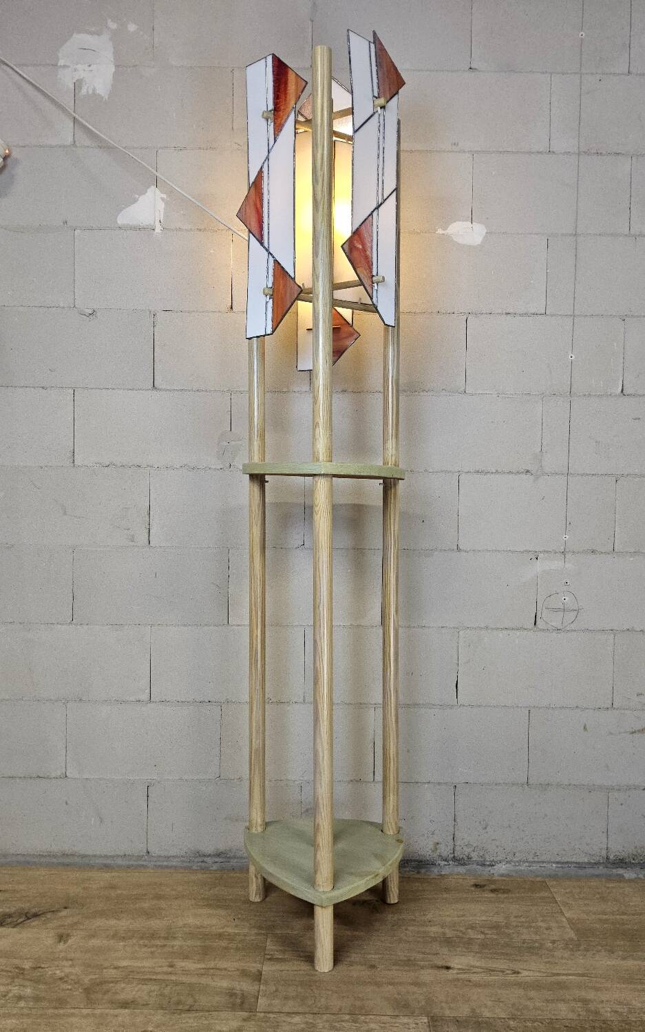 Pine wood floor lamp with handmade stained glass in Japandi style.
