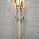 Pine wood floor lamp with handmade stained glass in Japandi style.