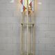 Pine wood floor lamp with handmade stained glass in Japandi style.