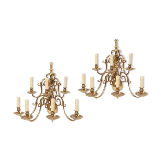 Pair of seven-arm brass wall light