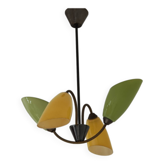 Brass and glass chandelier 4 yellow and green lights from the 60s