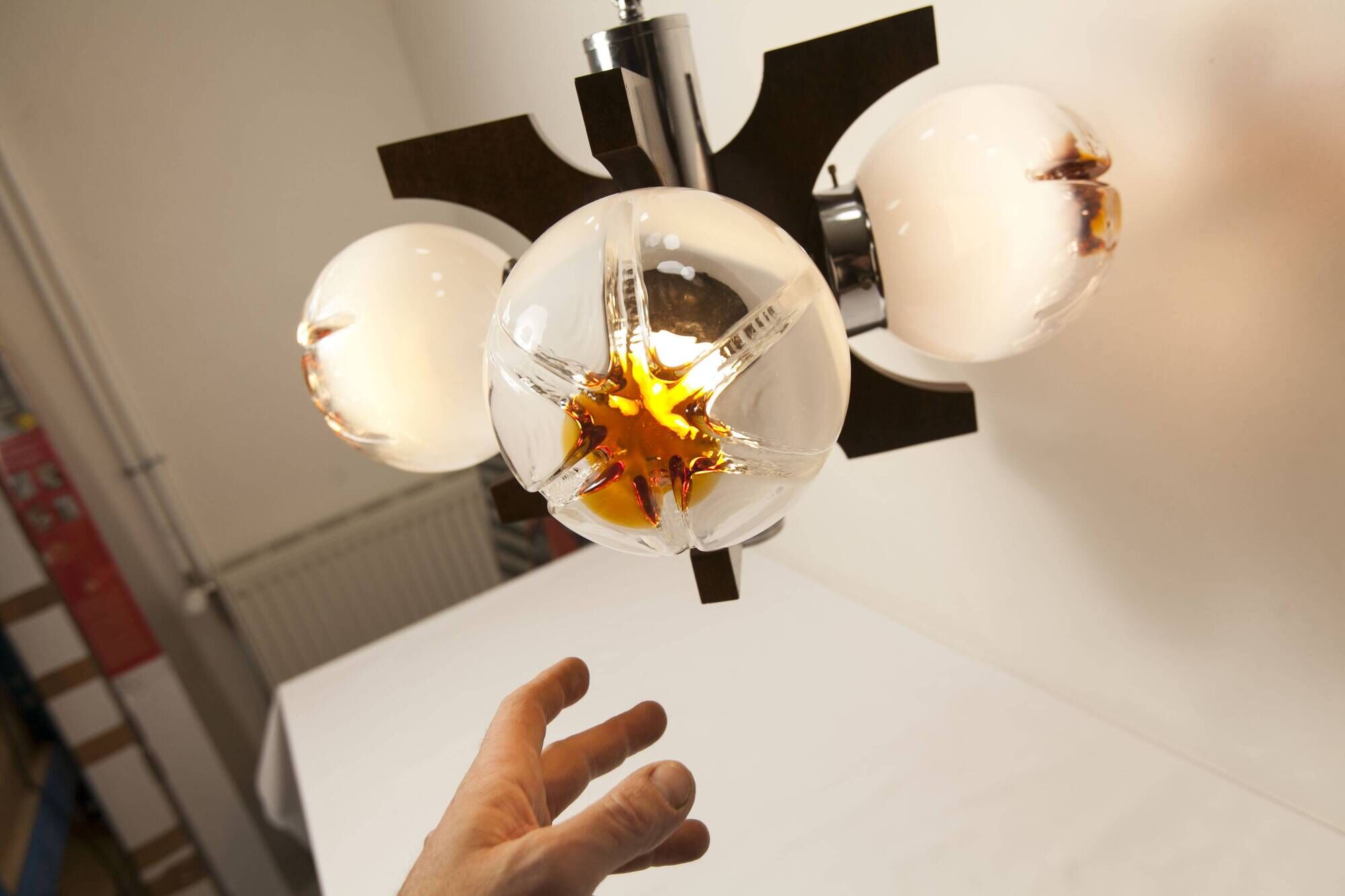 Lustre mazzega Murano 4 boules et teck 1960