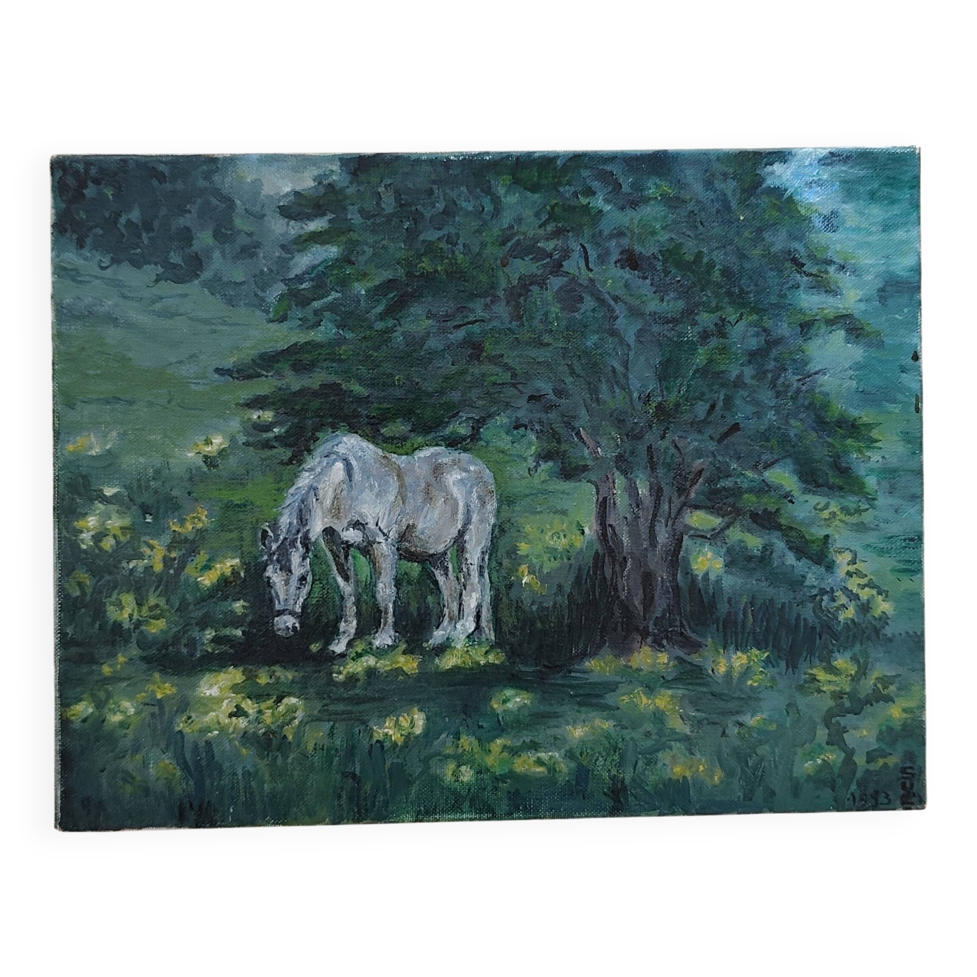 Tableau peinture cheval sur toile ancienne vintage
