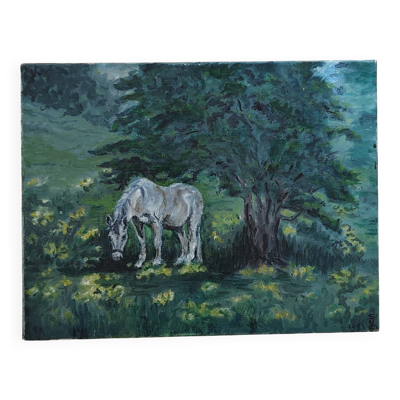 Tableau peinture cheval sur toile ancienne vintage