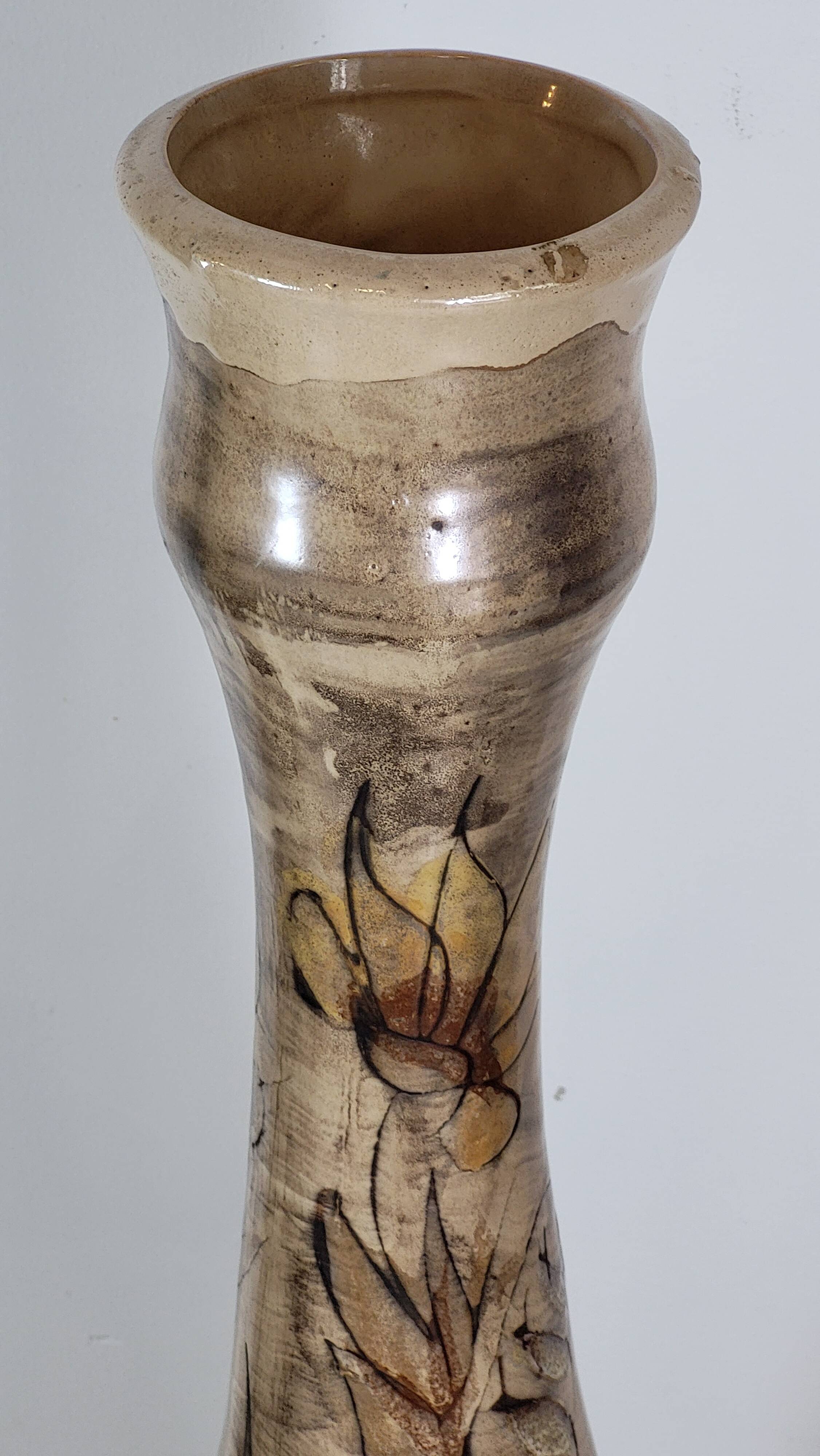 Large La Roue Vallauris ceramic vase, French, beige flower decor, 1975