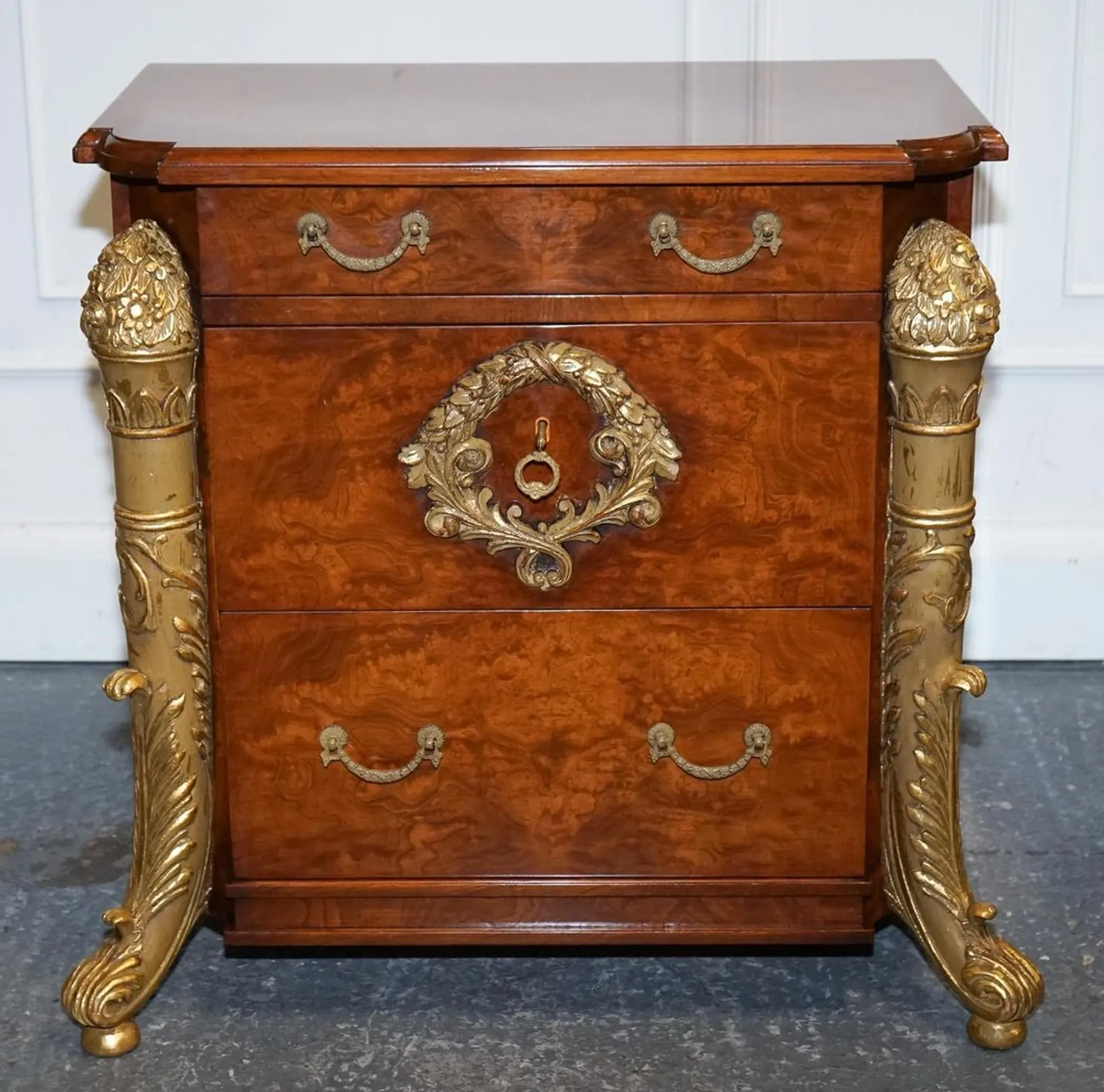 Empire Style Nightstands in Golden Walnut Burl, Set of 2