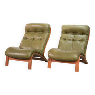 Fauteuils lounge Rybo Rykken en cuir vert olive Ry-Wing par Elsa N. Solheim, années 60