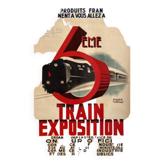 Original PLM 6th train exhibition poster by Pierre Thibault in 1930 - On linen