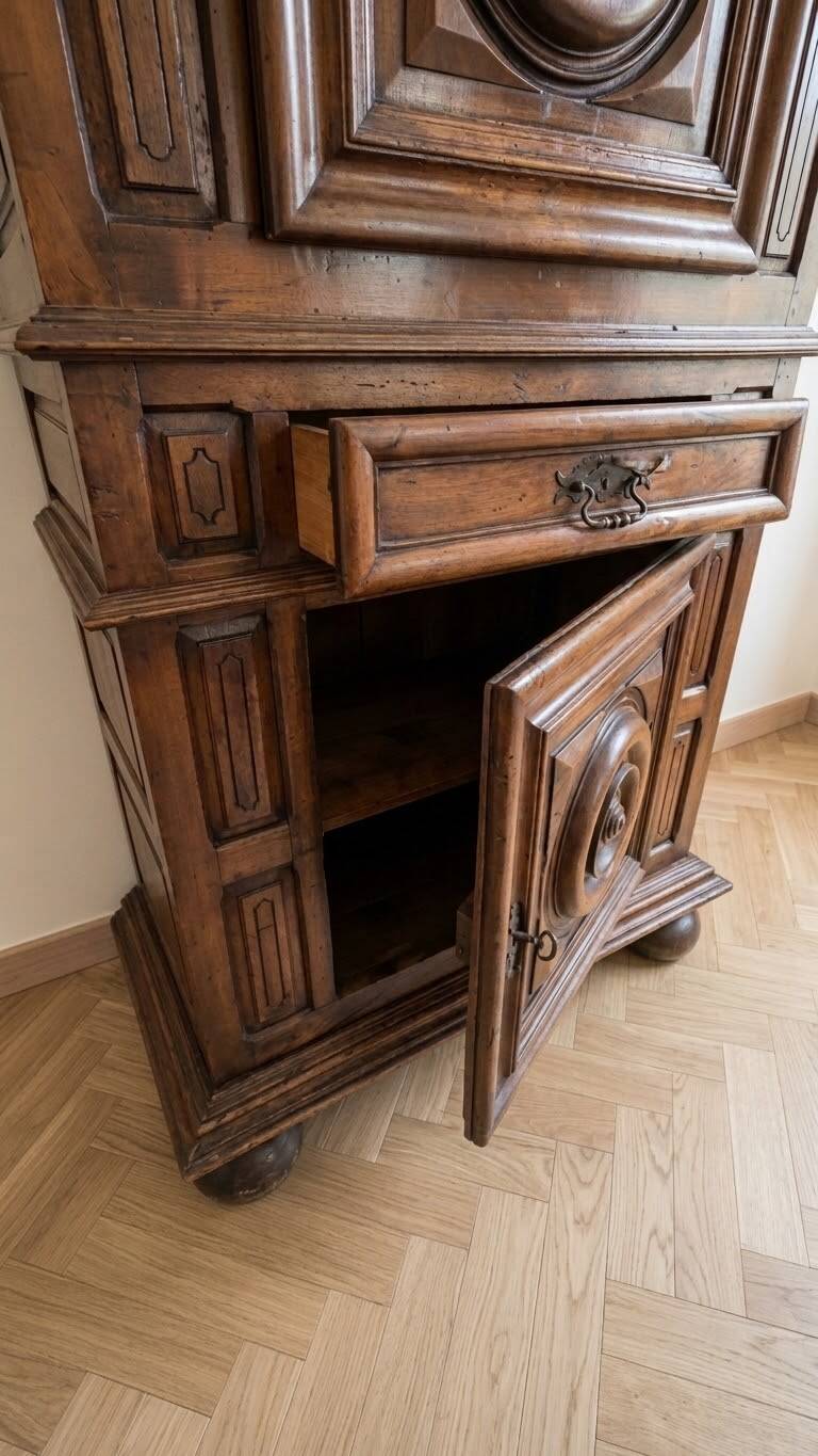 Antique Louis XIII bonnetière in carved solid wood.