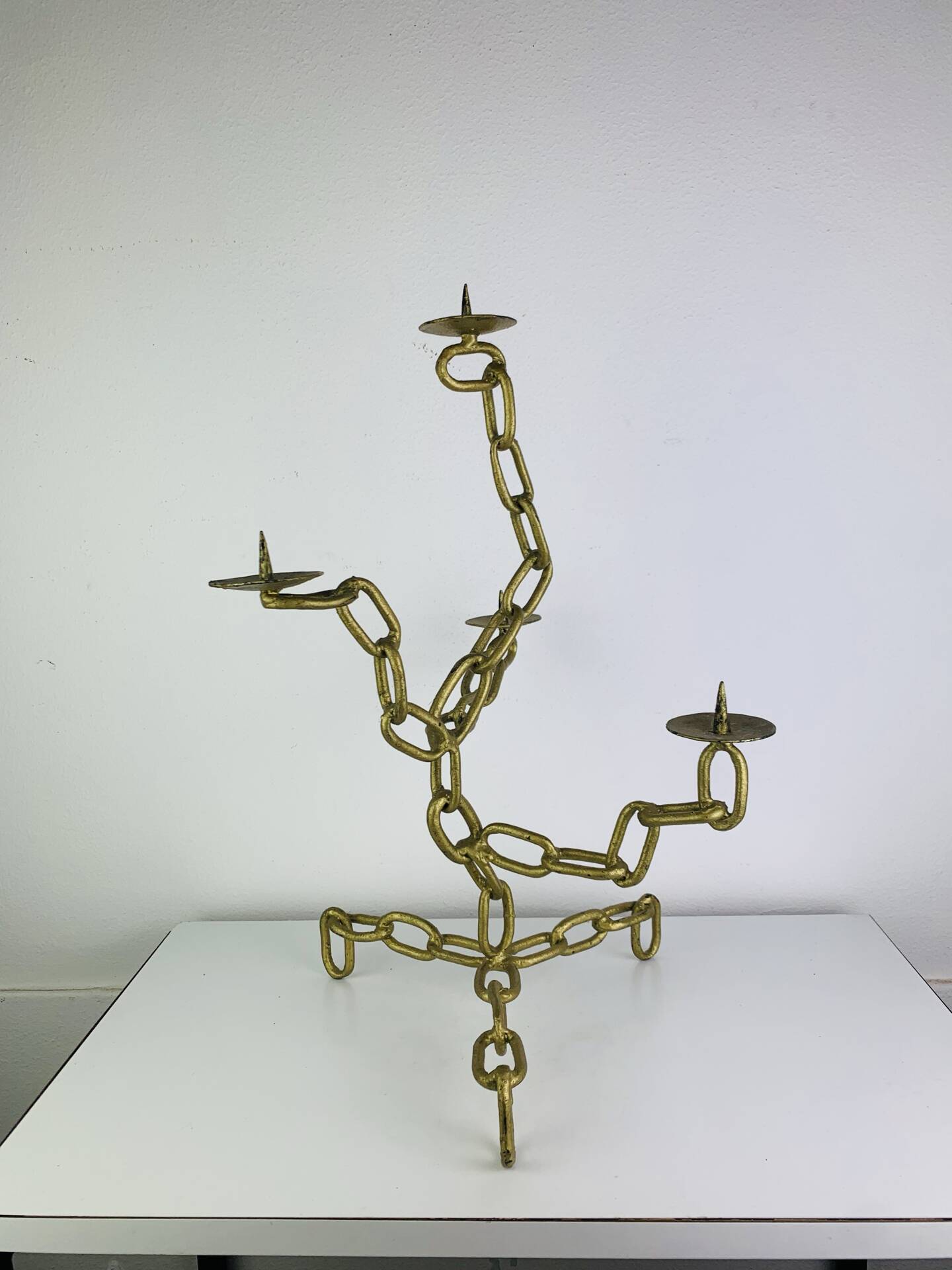 Brutalist candle holder, wrought iron, chain links, gold patina.