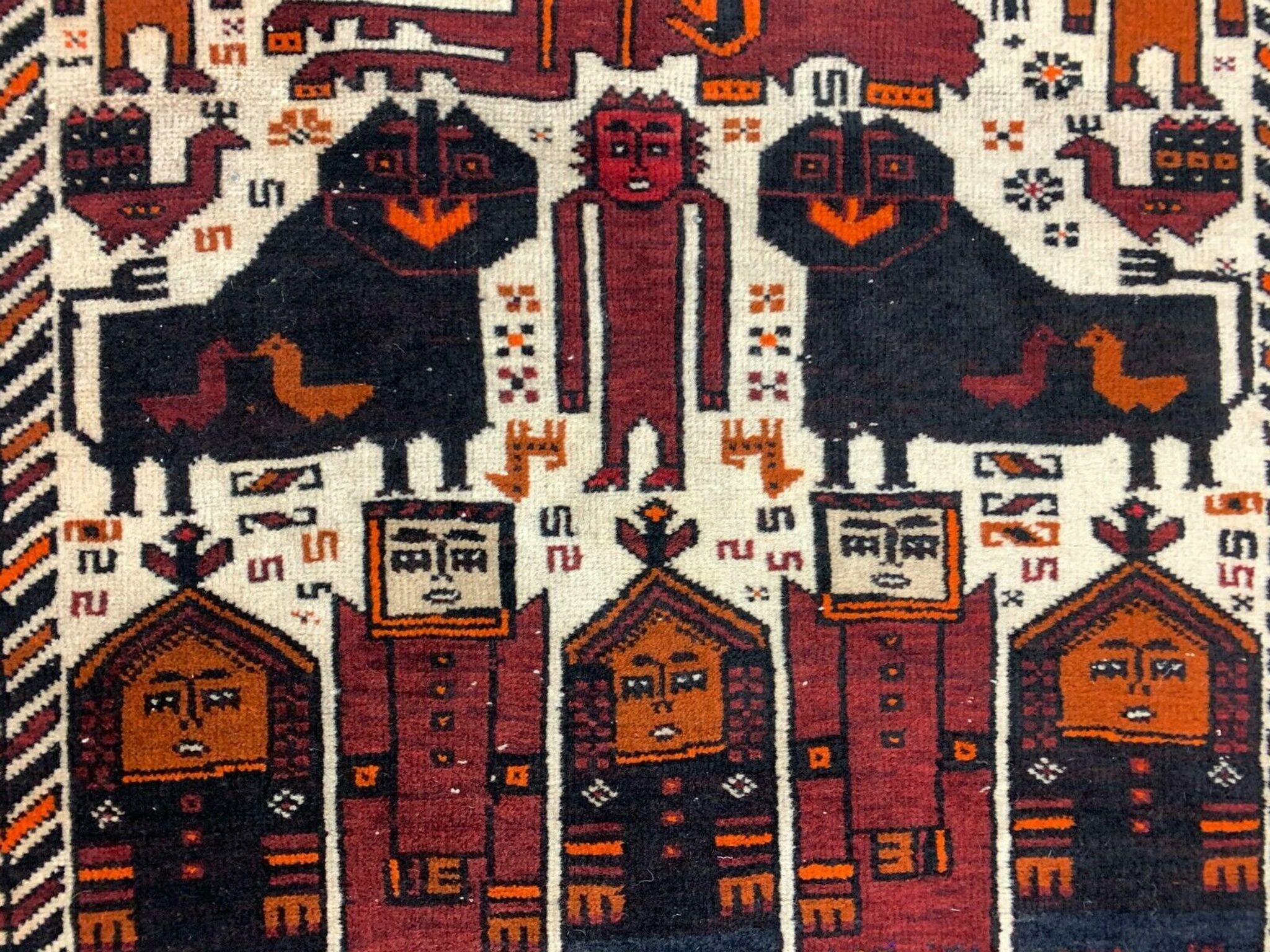 Vintage Tribal Lion Rug 204x110 cm, Old Tribal Wool Carpet, Black, Red Cream