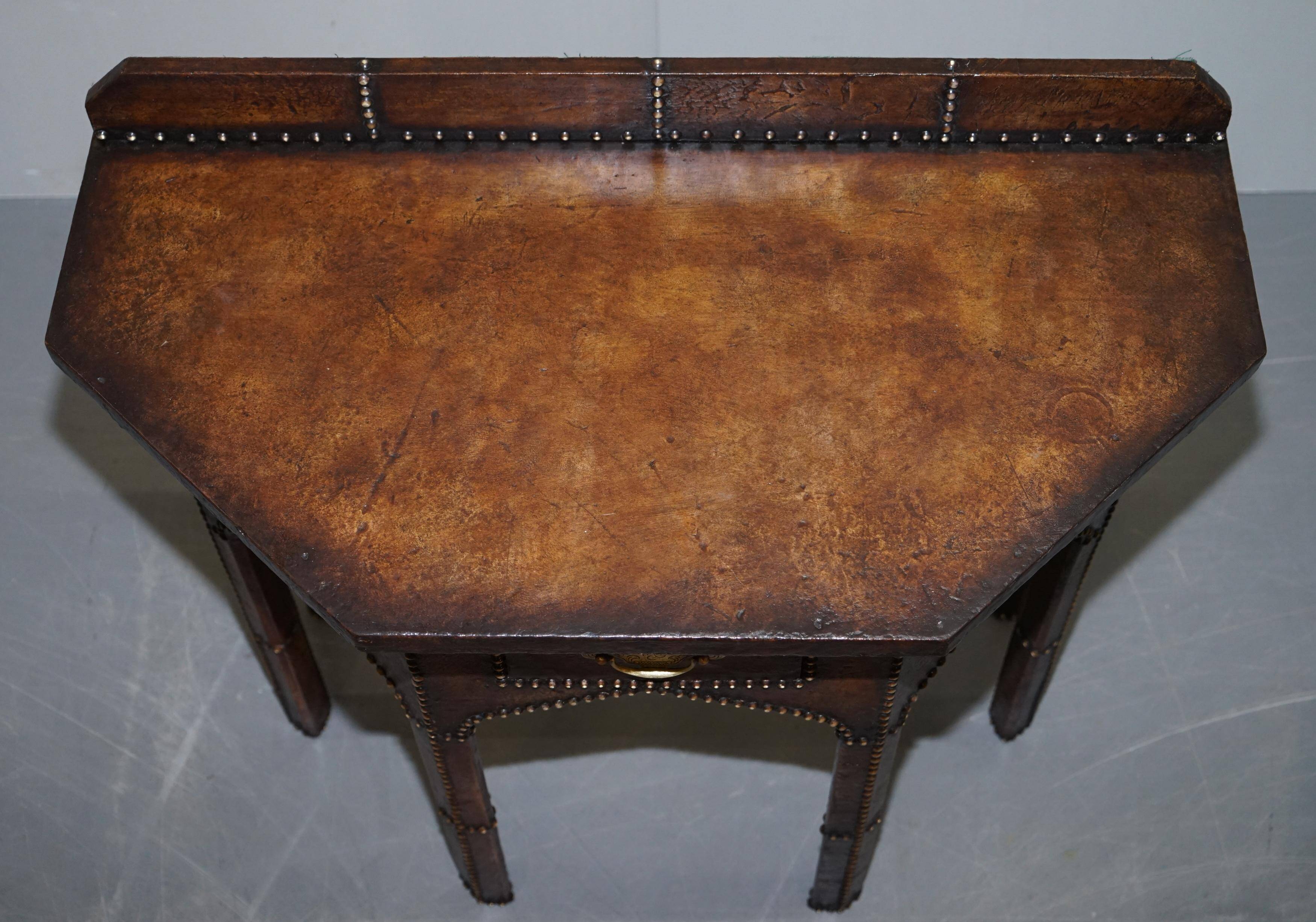 Antique Leather Studded Console Table in Gothic Pugin Style Restored
