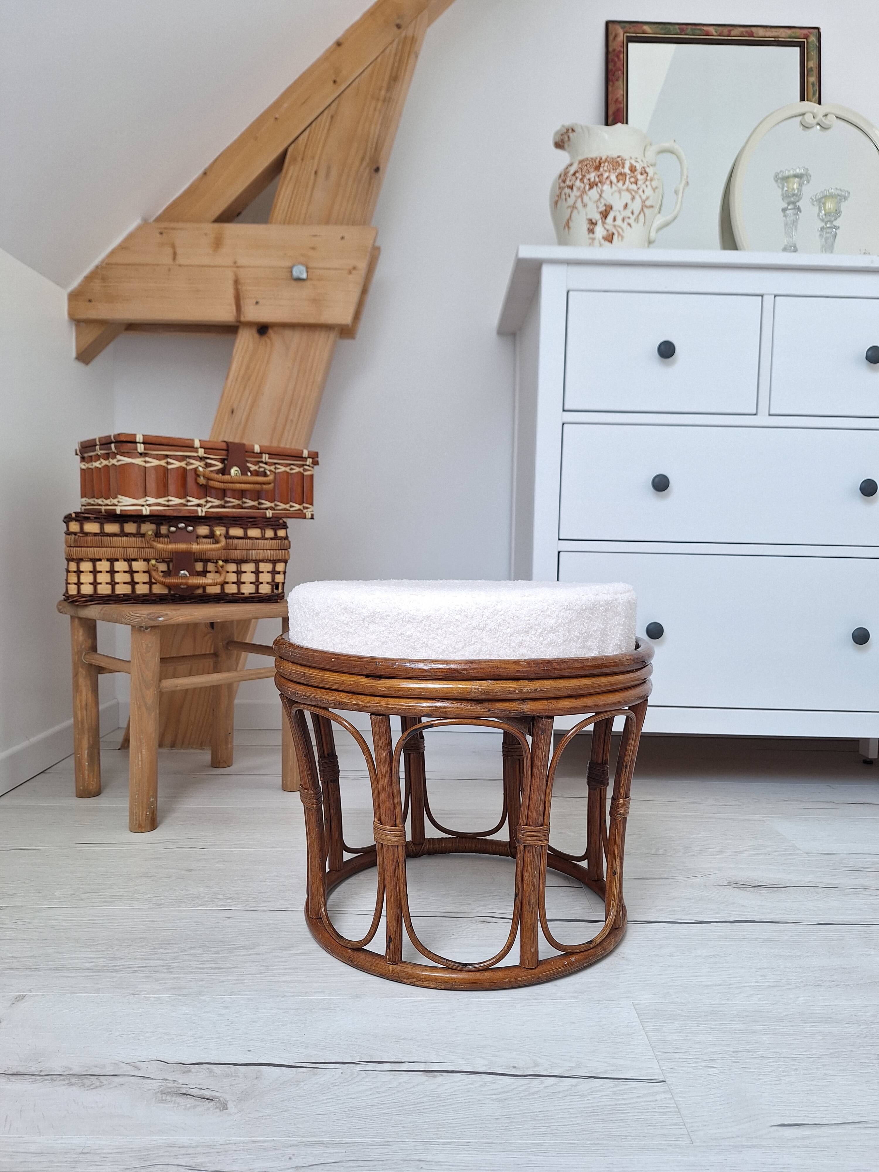 Vintage rattan and French terry fabric pouf