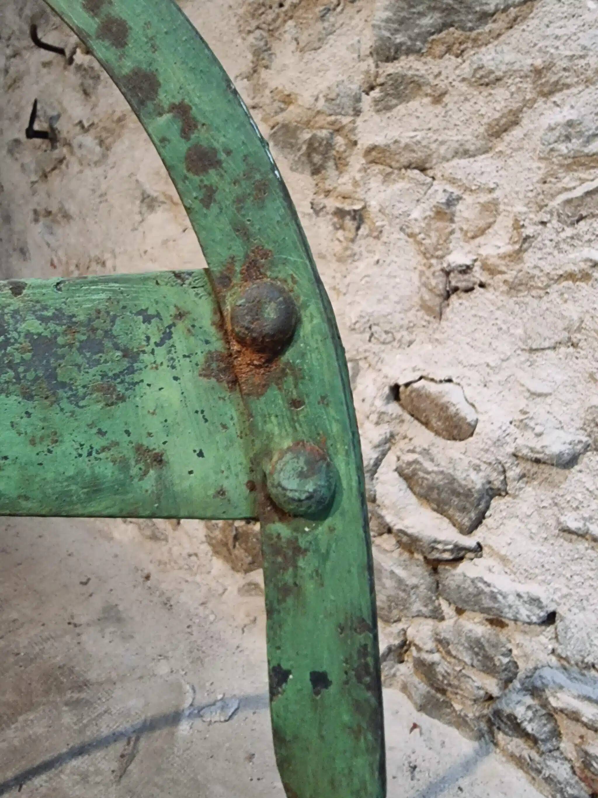 Set of 4 Antique Iron Folding Garden Chairs - 1920s Riveted Bistro Chairs with Aged Green Patina