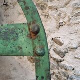 Set of 4 Antique Iron Folding Garden Chairs - 1920s Riveted Bistro Chairs with Aged Green Patina