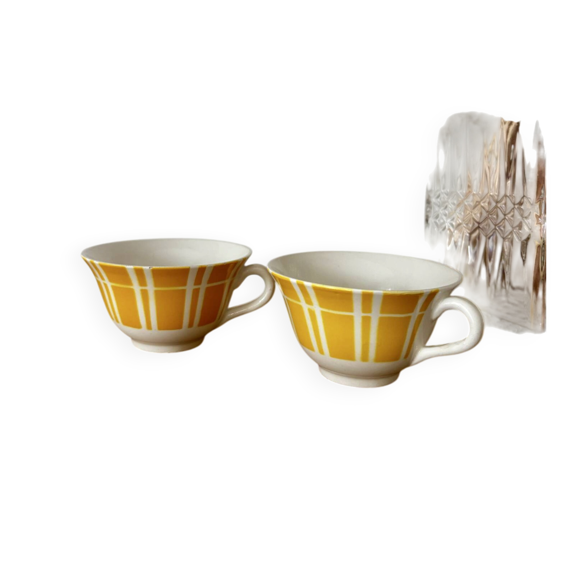 Set of two antique yellow Digoin Sarreguemines cups.