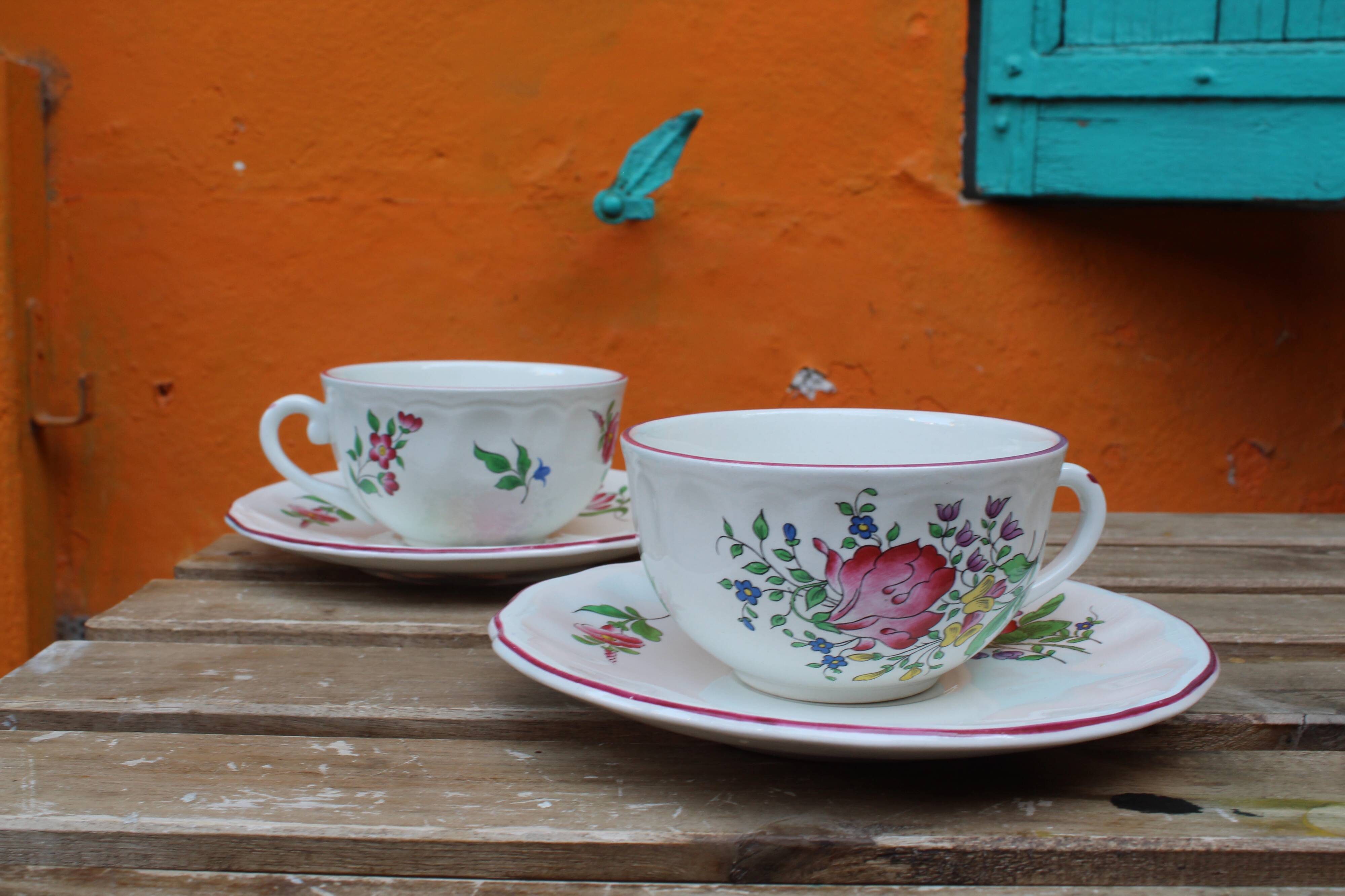 Lunéville earthenware cups and saucers