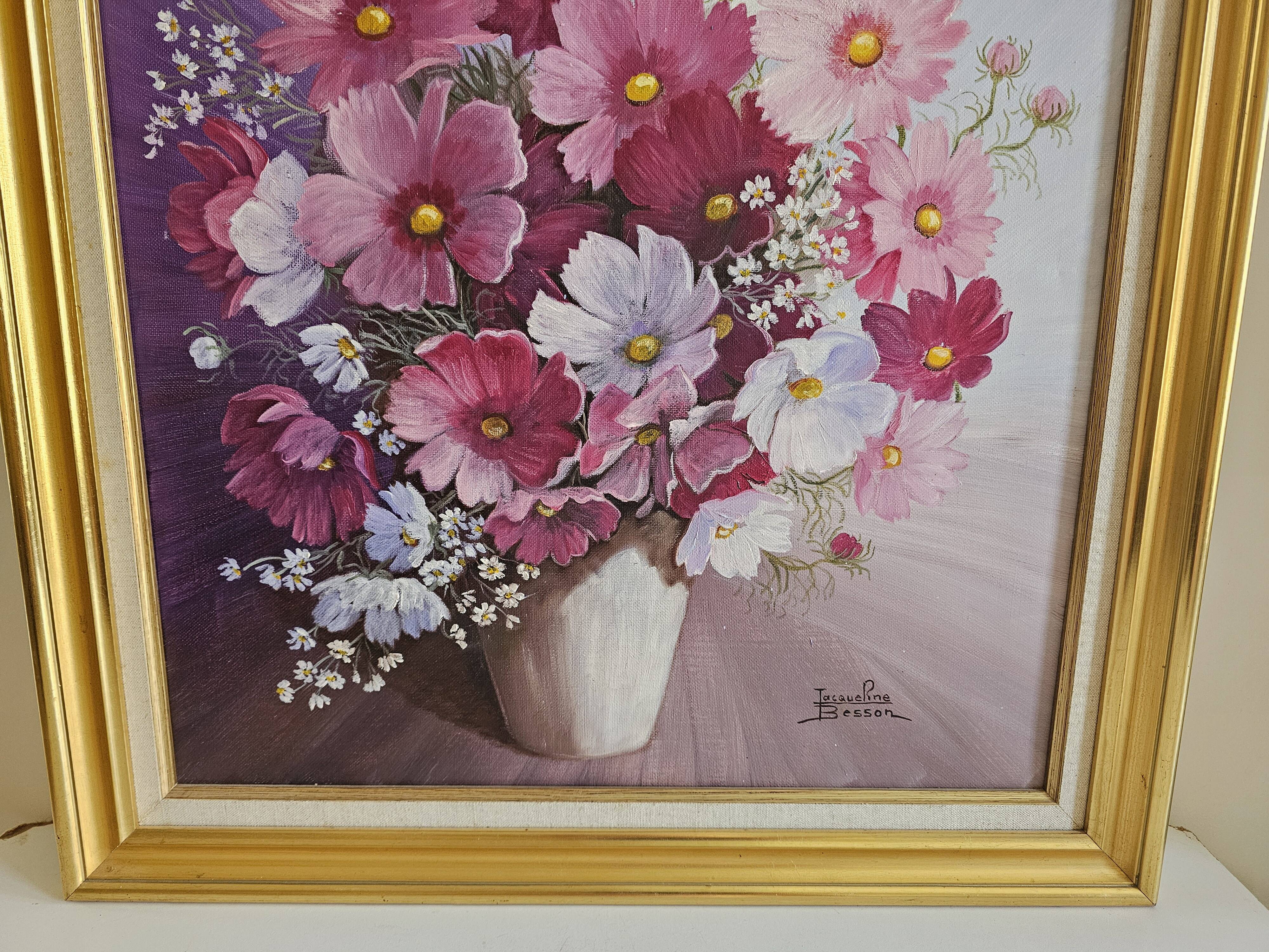 Oil on Canvas Still Life Flowers Cosmos Signed Jacqueline Besson
